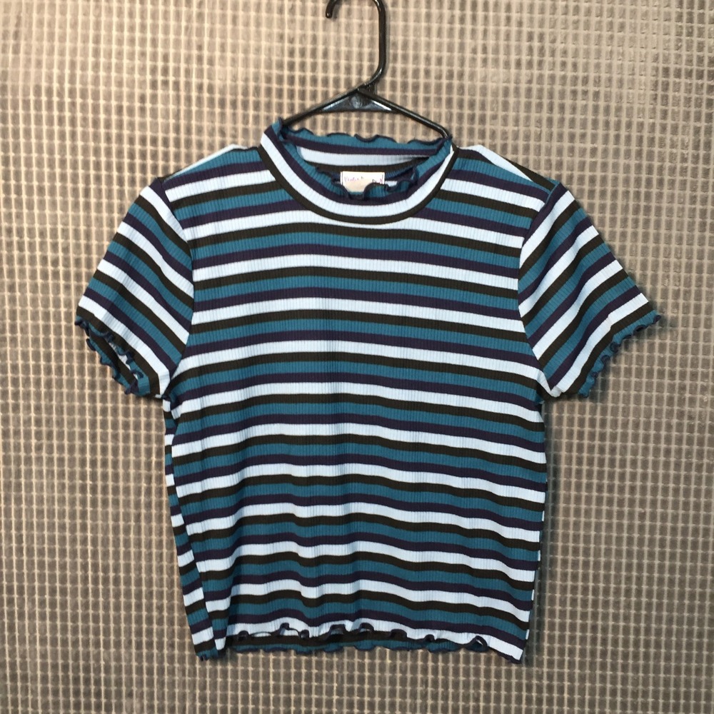 Violet Moon Striped Mock Neck Lettuce‎ Edge Ribbed Top Blue Teal XL Made in USA